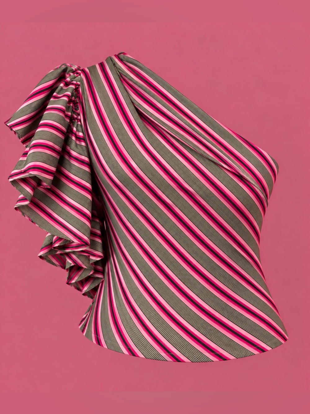Anthropologie One-Shoulder Ruffle Stripe Crop Top Pink Olive SEXY FEM PRETTY
